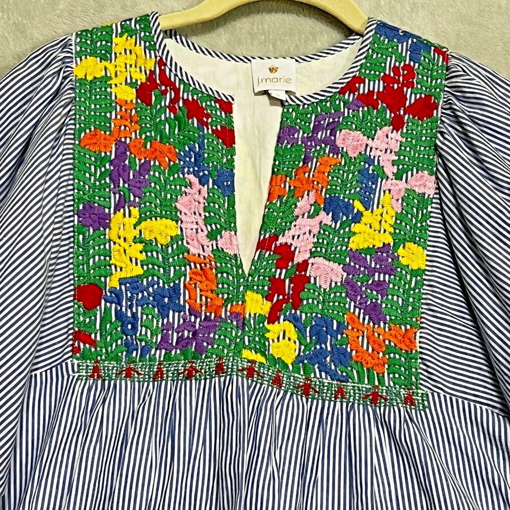 J Marie Embroidered Carli Top Peplum Women S Blue White Striped Floral Lined - Picture 2 of 12